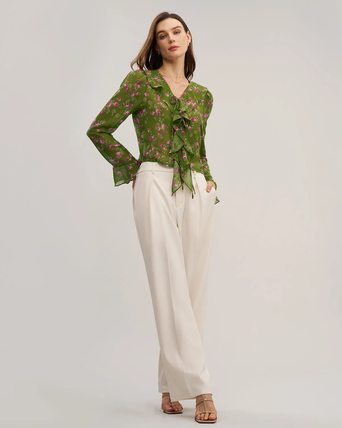 Green Floral Chiffon Ruffle Blouse sold by rihoas product image thumbnail 4