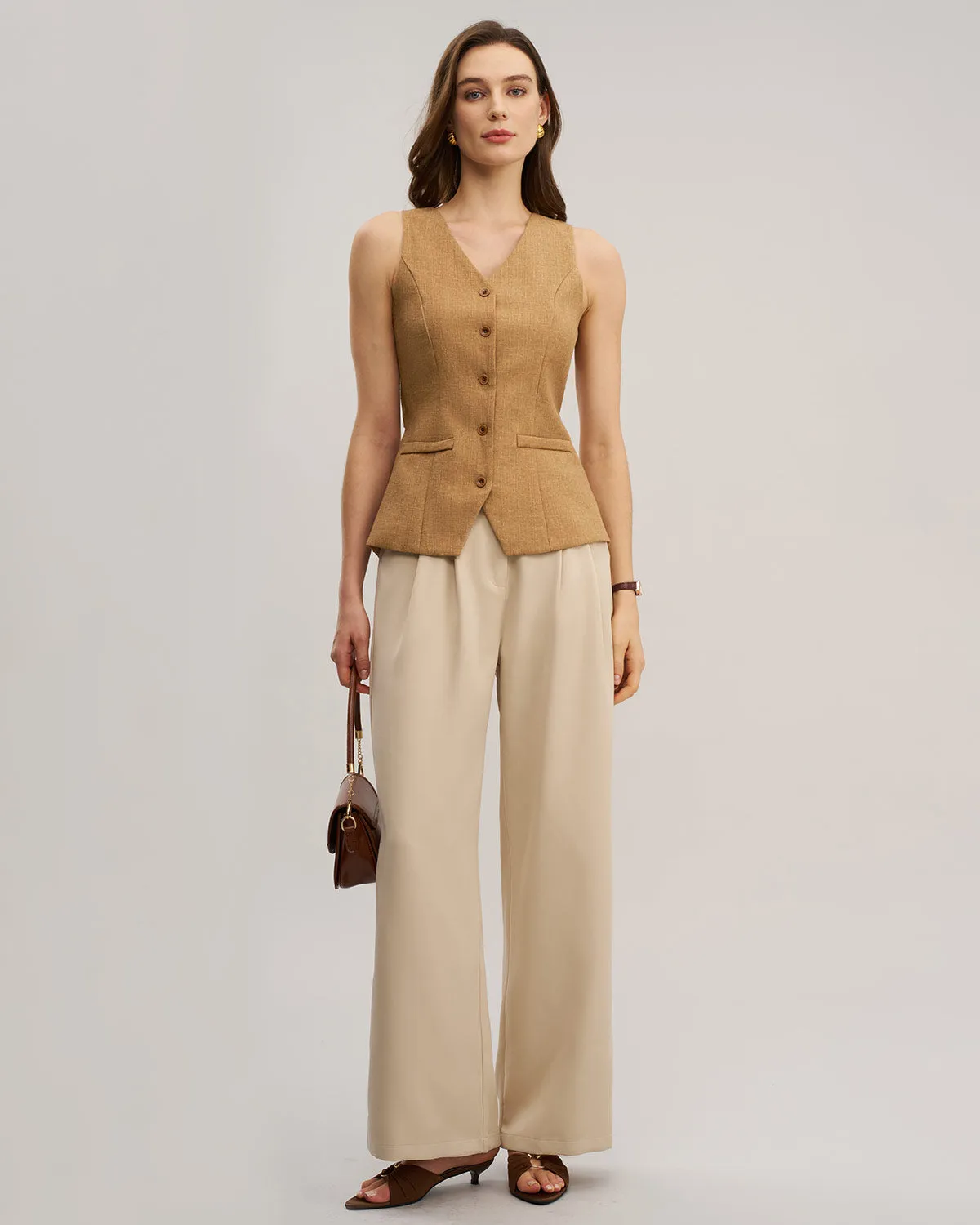 Khaki V Neck Cutout Button Vest sold by rihoas product image thumbnail 4