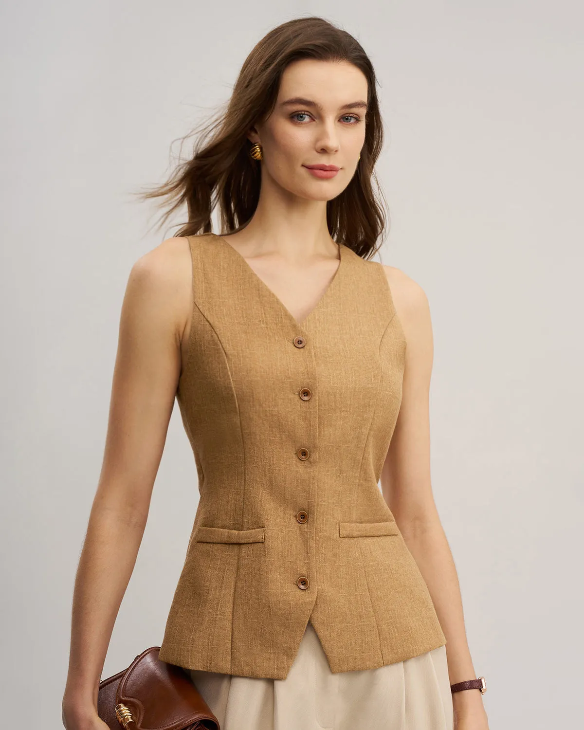 Khaki V Neck Cutout Button Vest sold by rihoas