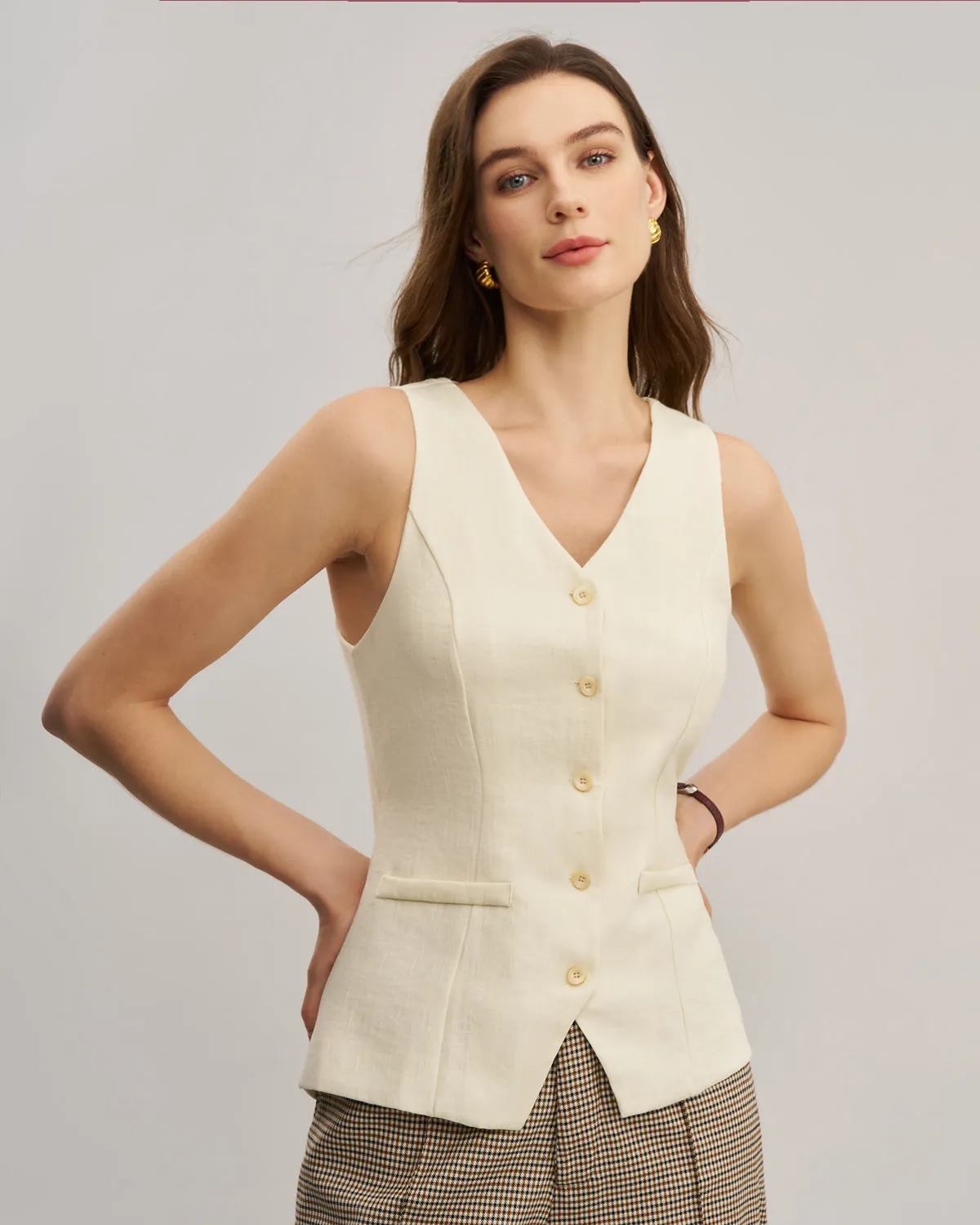 White V Neck Cutout Button Vest sold by rihoas