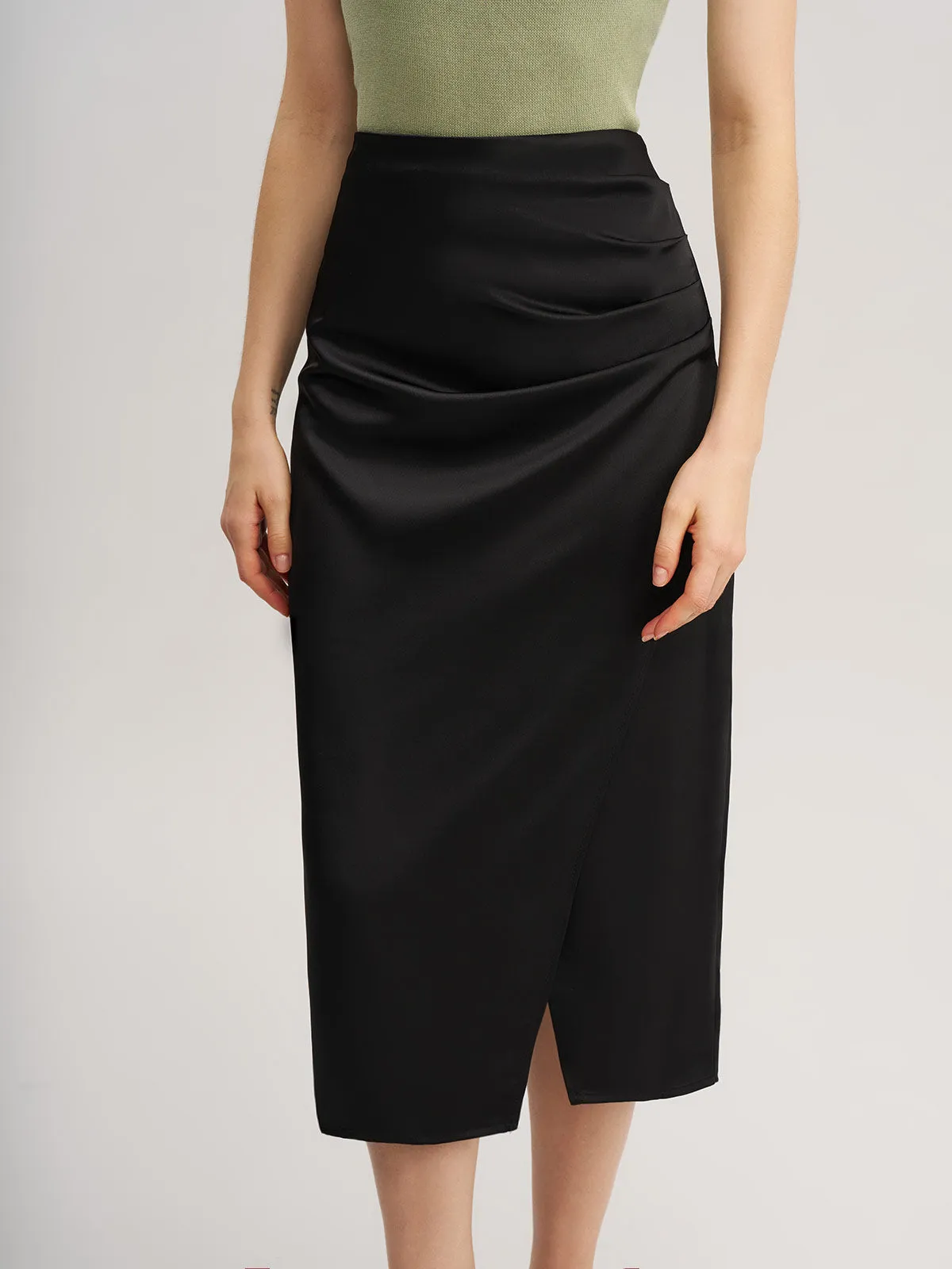 Black Ruched Wrap Midi Skirt sold by rihoas