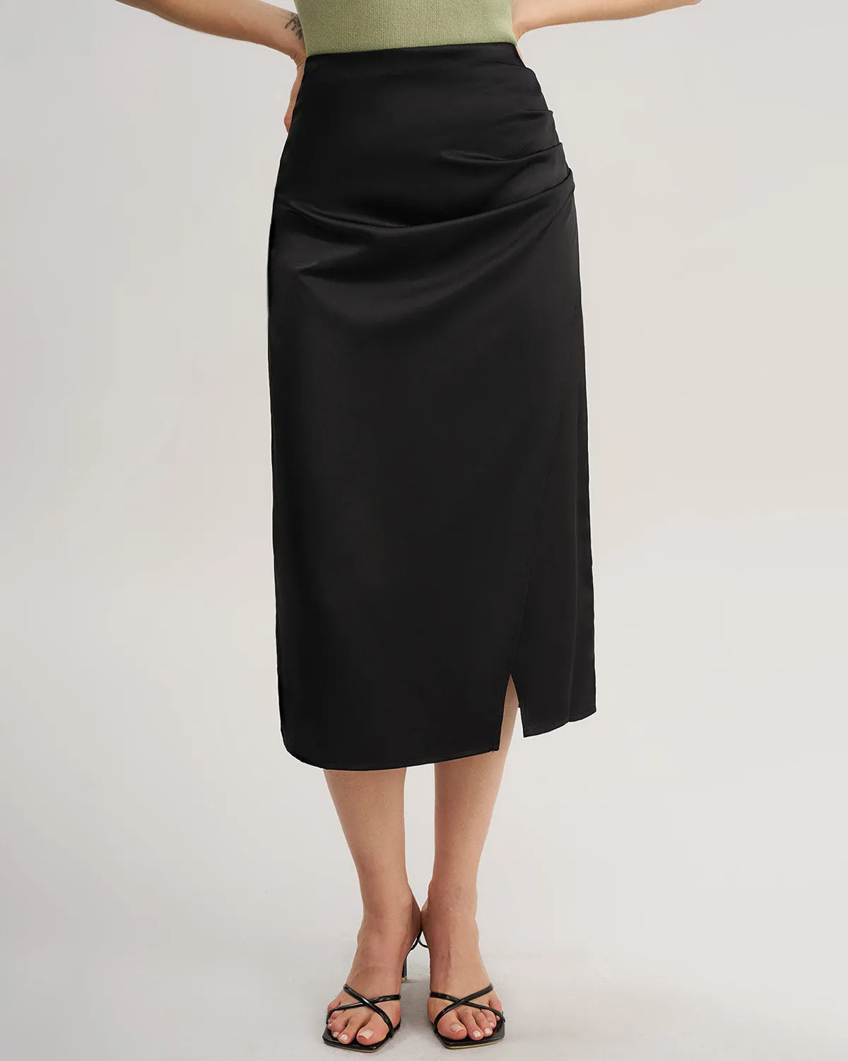 Black Ruched Wrap Midi Skirt sold by rihoas product image thumbnail 3