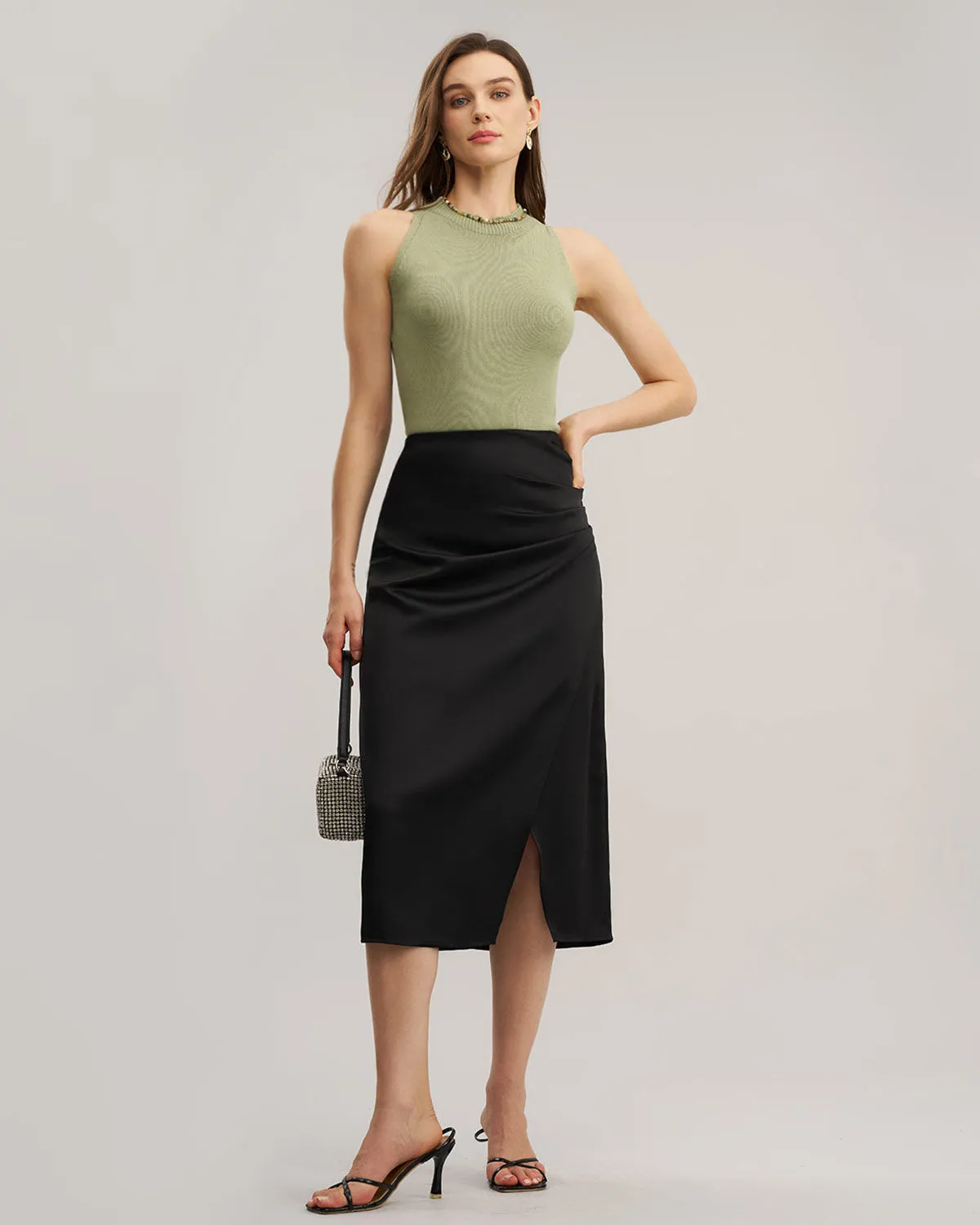Black Ruched Wrap Midi Skirt sold by rihoas product image thumbnail 5