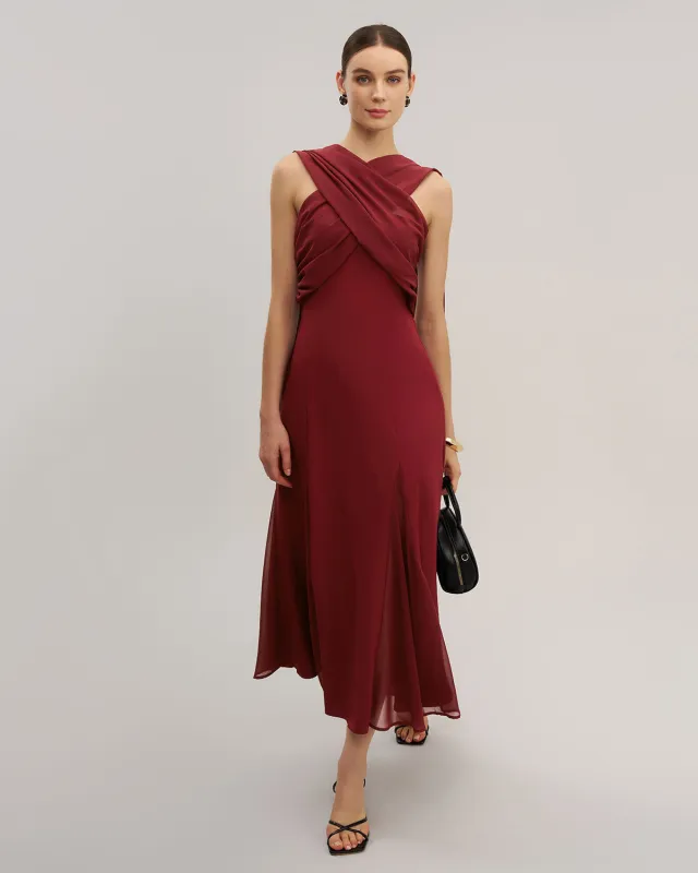 Wine Red Flowy Sleeveless Maxi Dress sold by rihoas