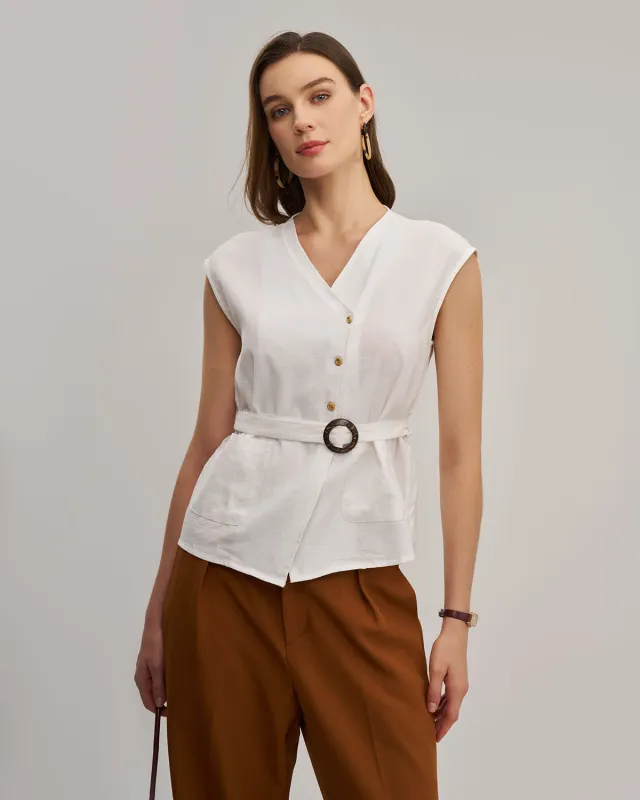 White V Neck Belted Tank Top sold by rihoas
