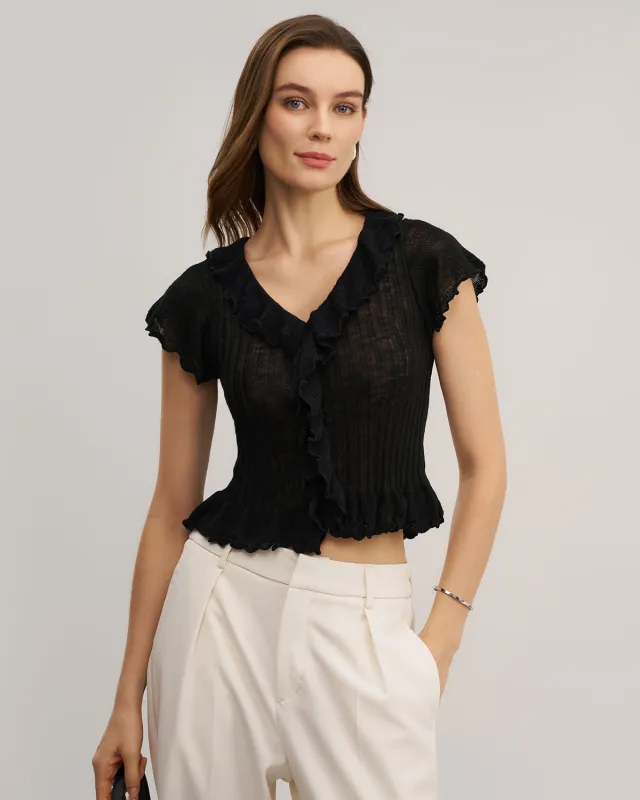 Black V Neck Ruffle Cardigan sold by rihoas