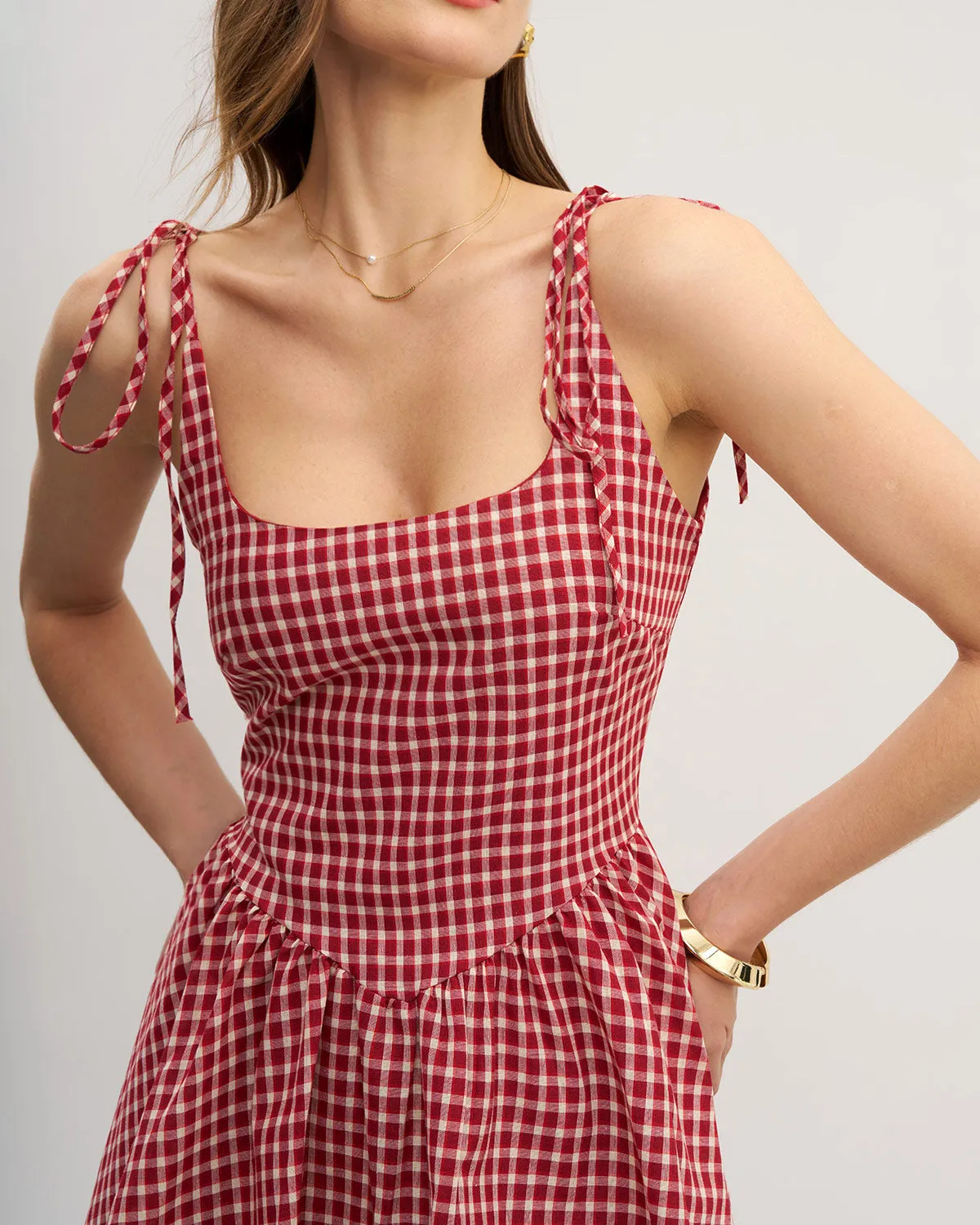 Red Plaid Tie Strap Mini Dress sold by rihoas product image thumbnail 2