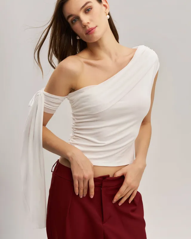 White Mesh One Shoulder Tee sold by rihoas