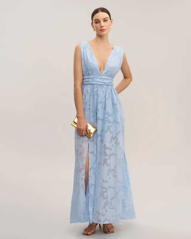 Blue Jacquard Slit Sleeveless Maxi Dress sold by rihoas