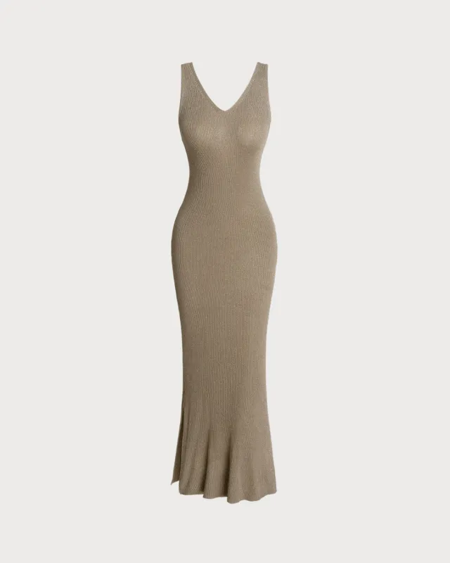 Khaki V Neck Sleeveless Bodycon Sweater Dress sold by rihoas