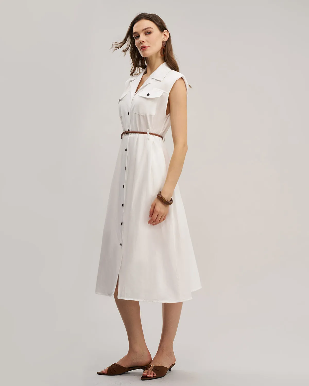 White Sleeveless Belted Midi Dress sold by rihoas product image thumbnail 4