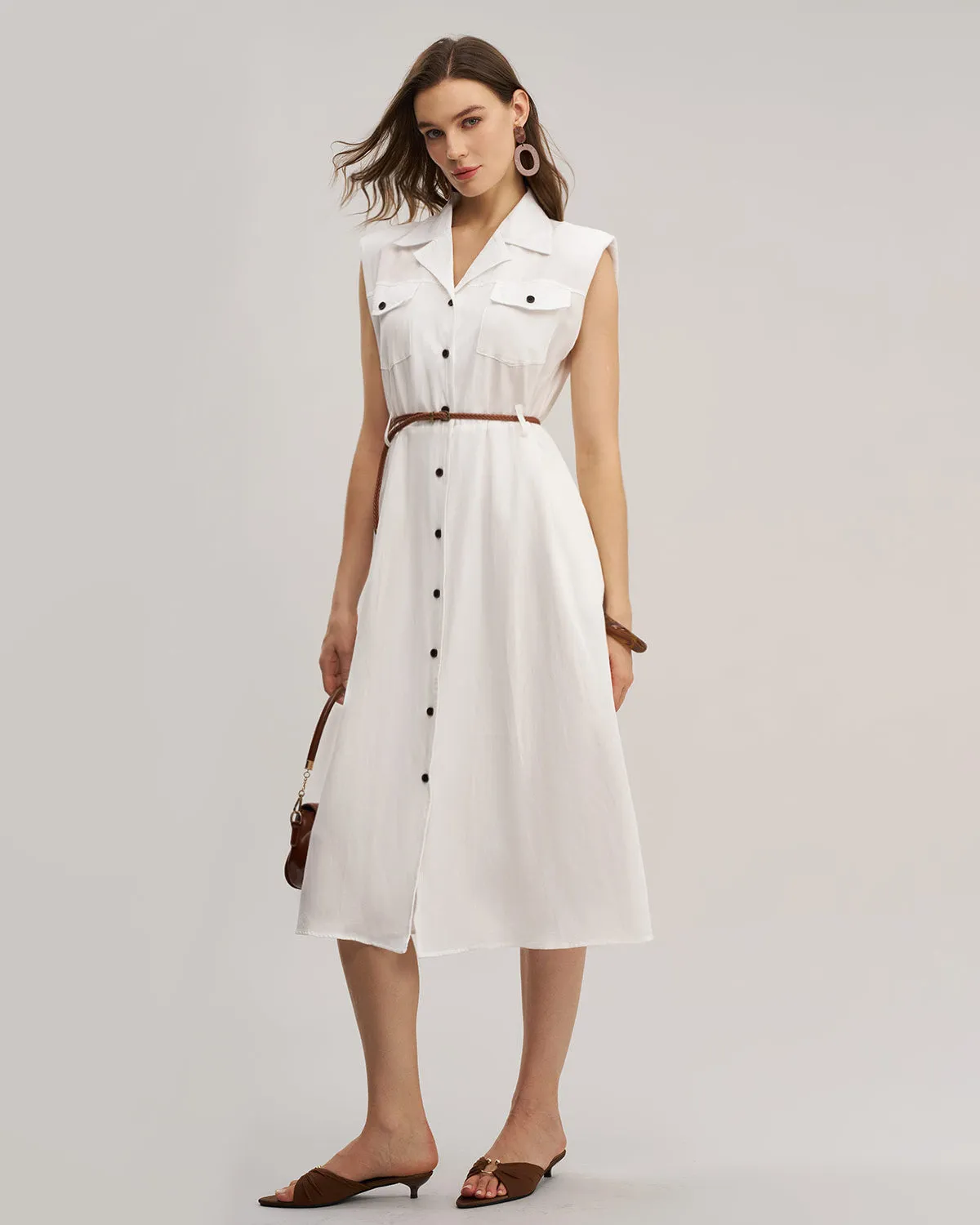 White Sleeveless Belted Midi Dress sold by rihoas product image thumbnail 3