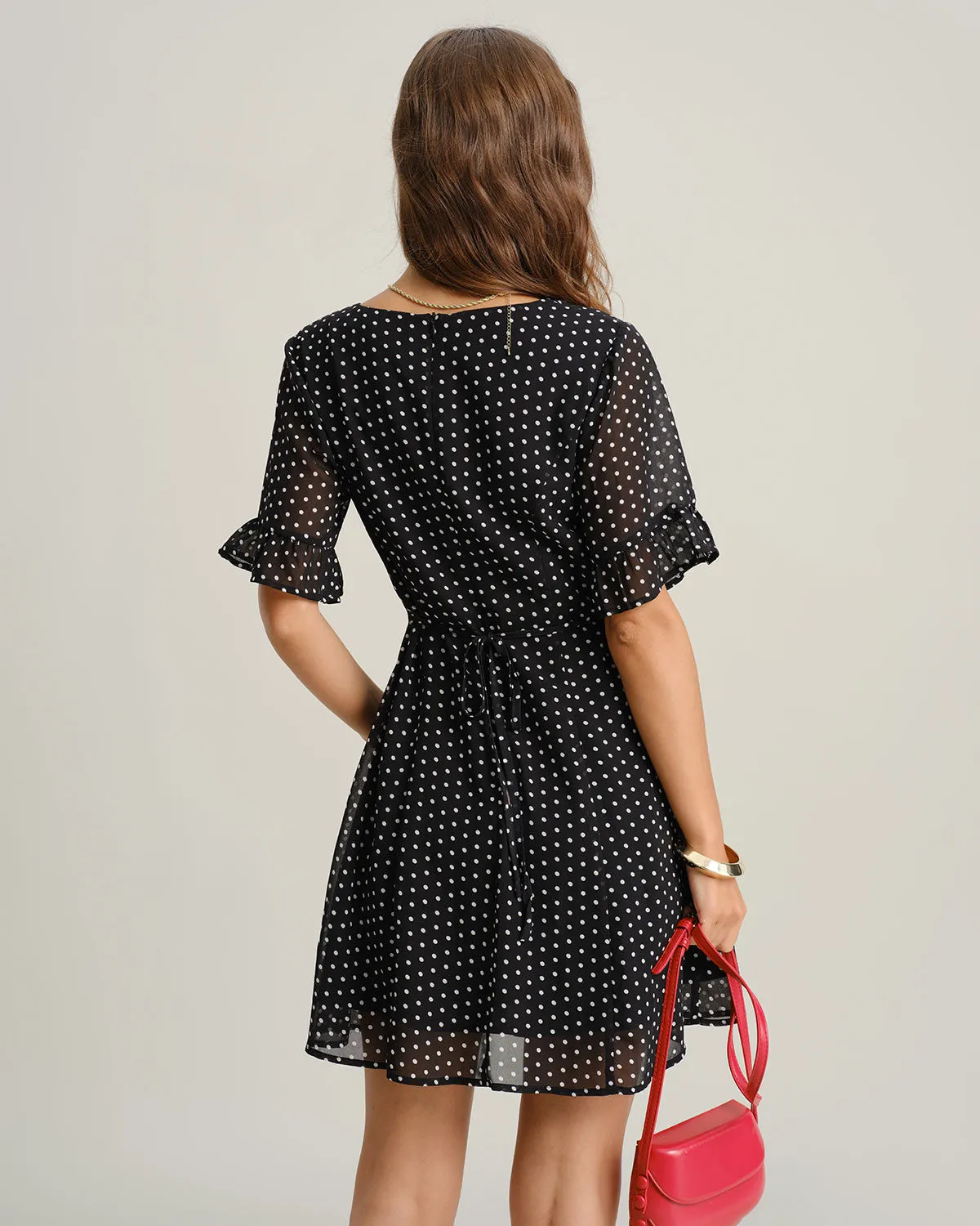 Black Polka Dot V Neck Ruffle Mini Dress sold by rihoas product image thumbnail 4