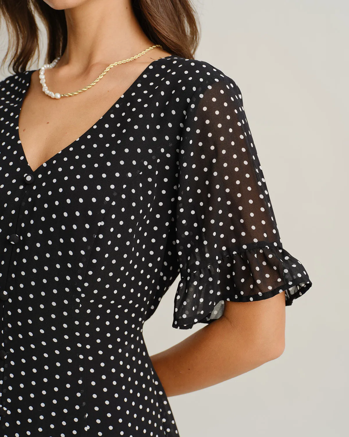 Black Polka Dot V Neck Ruffle Mini Dress sold by rihoas product image thumbnail 2