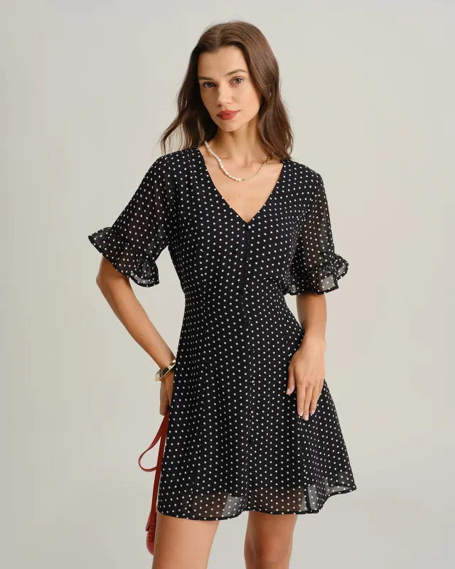 Black Polka Dot V Neck Ruffle Mini Dress sold by rihoas