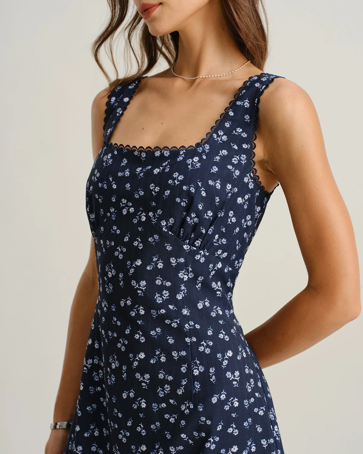 Navy Floral Square Neck Slip Mini Dress sold by rihoas product image thumbnail 2