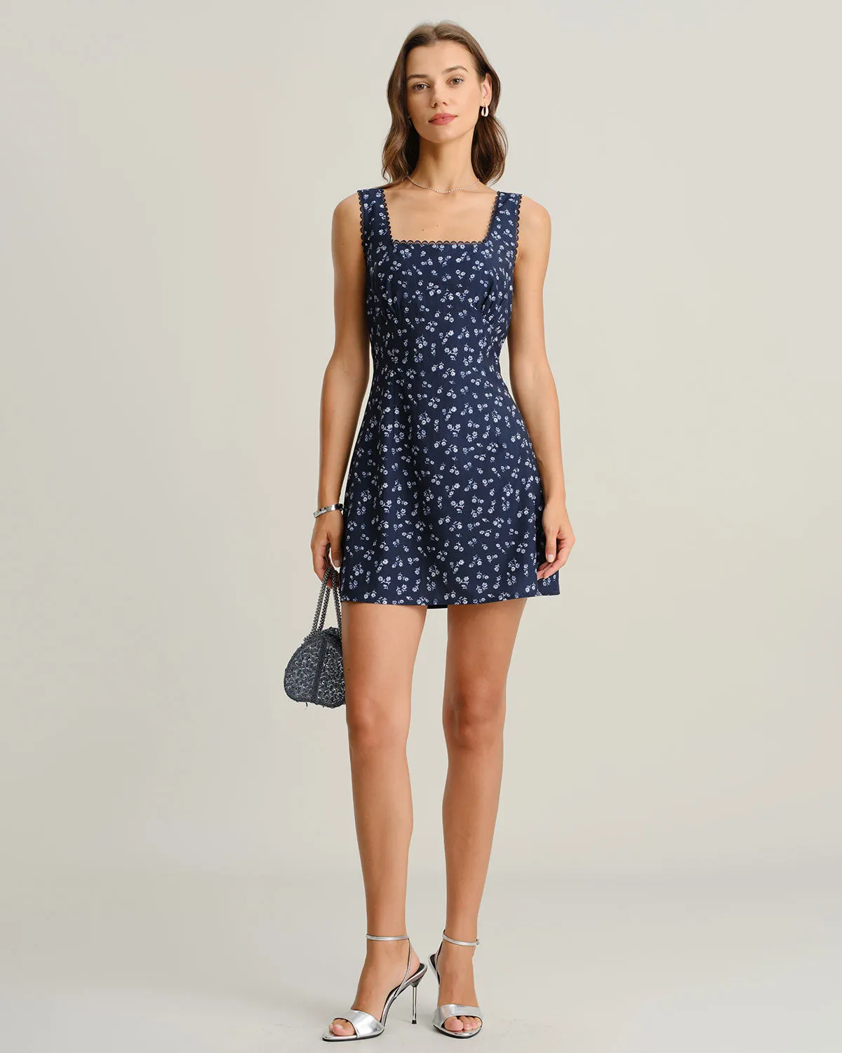 Navy Floral Square Neck Slip Mini Dress sold by rihoas product image thumbnail 3