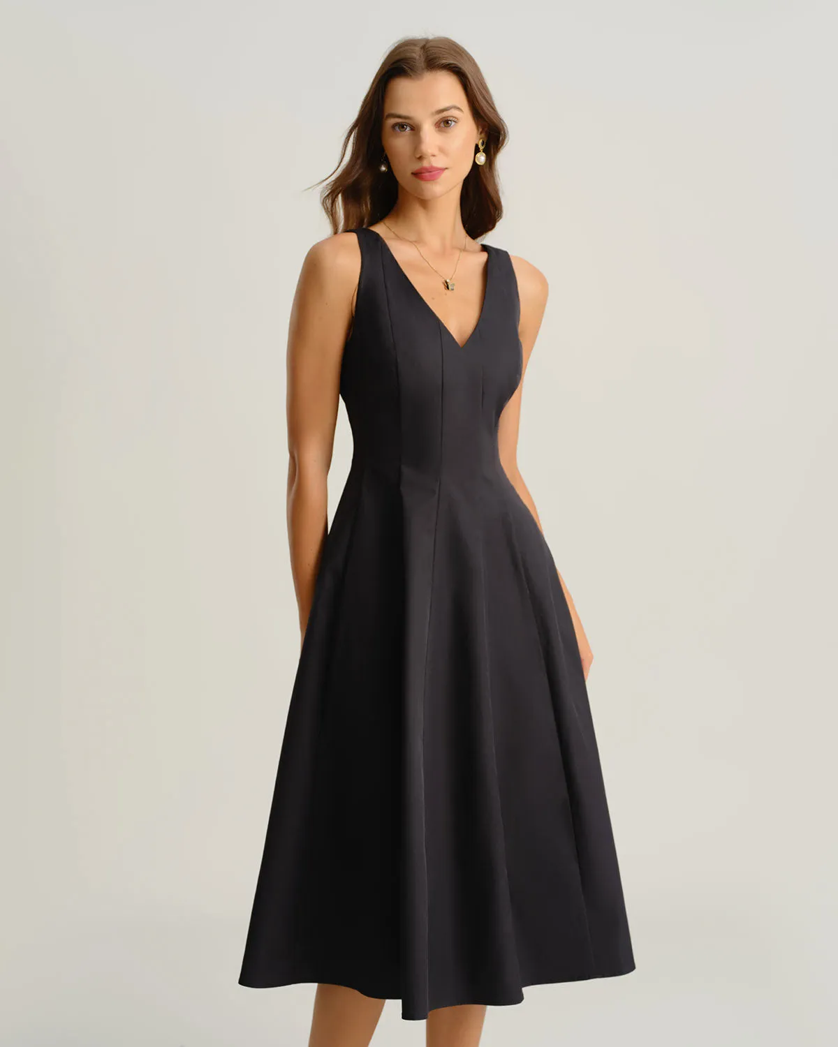 Black V Neck Sleeveless Midi Dress sold by rihoas