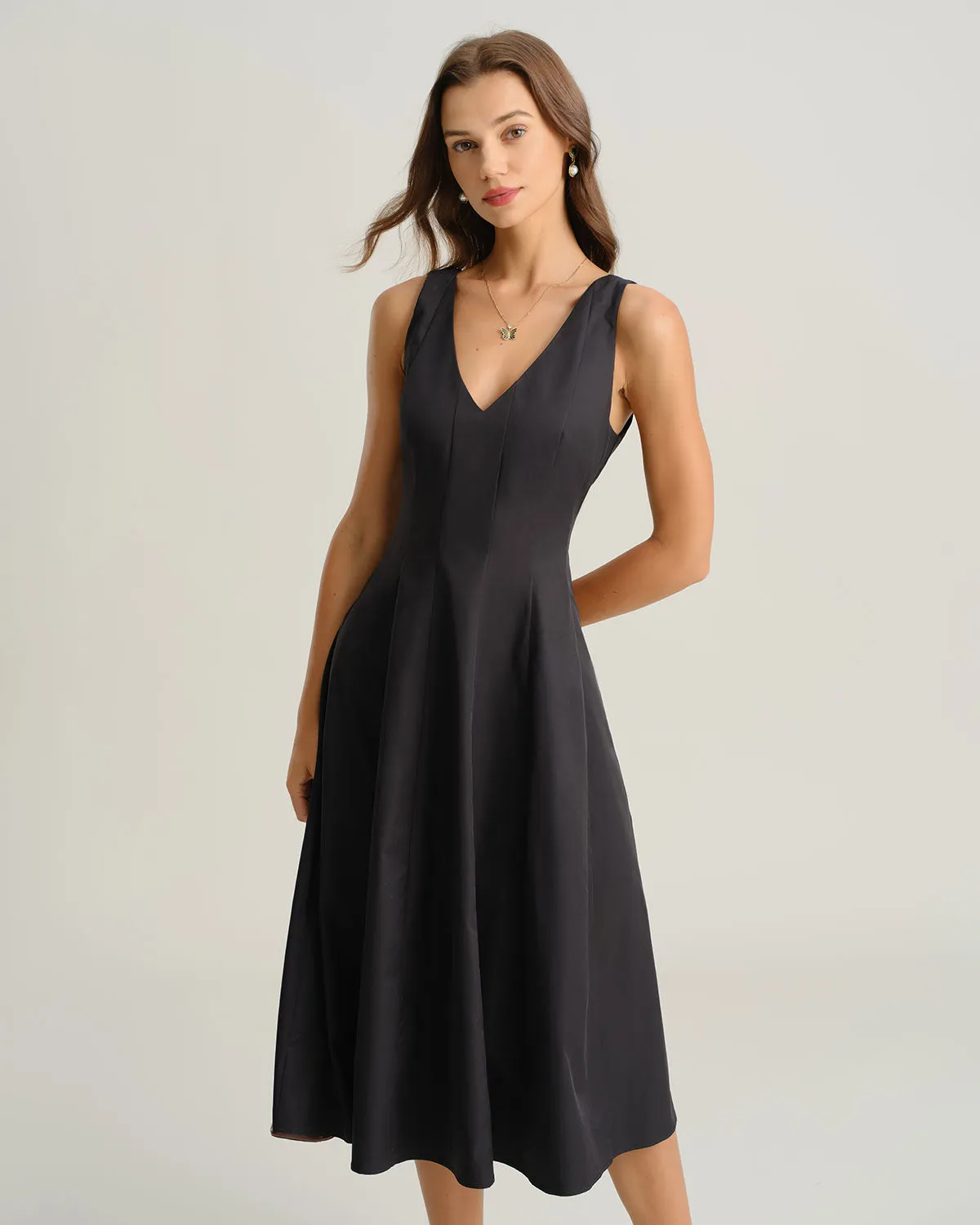 Black V Neck Sleeveless Midi Dress sold by rihoas product image thumbnail 3