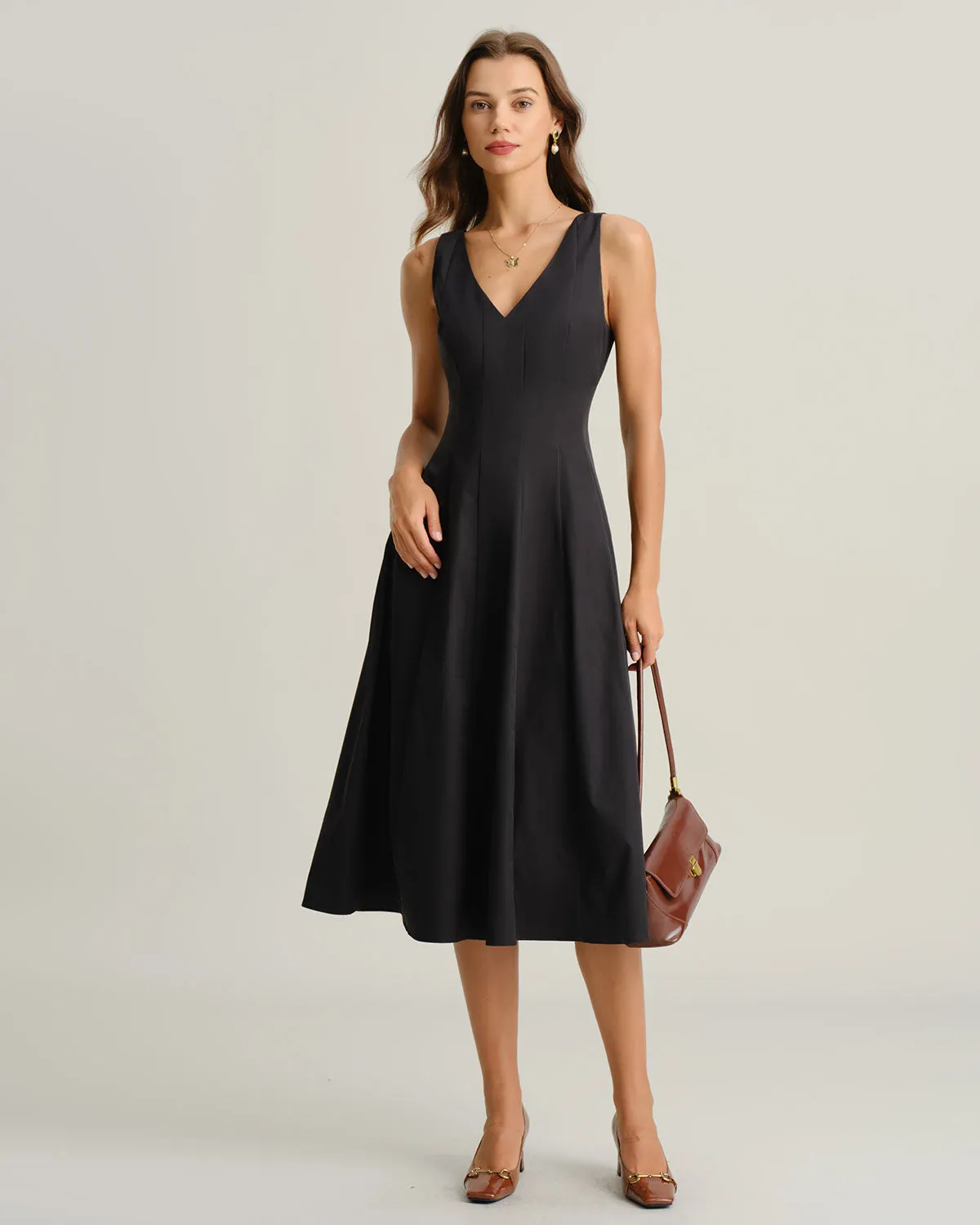 Black V Neck Sleeveless Midi Dress sold by rihoas product image thumbnail 4