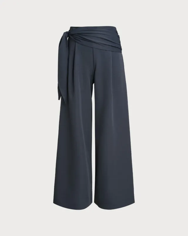 Blue Elastic Waist Casual Wide Leg Pants sold by rihoas