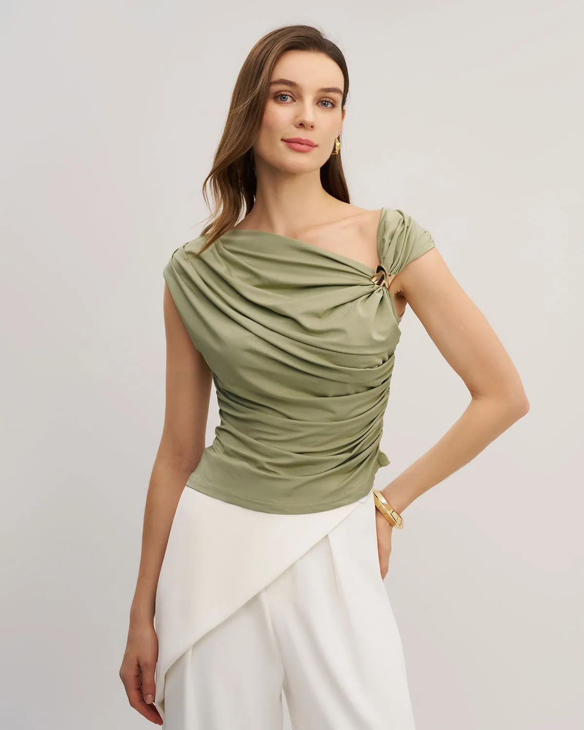 Green Cowl Neck Ruched Tee sold by rihoas