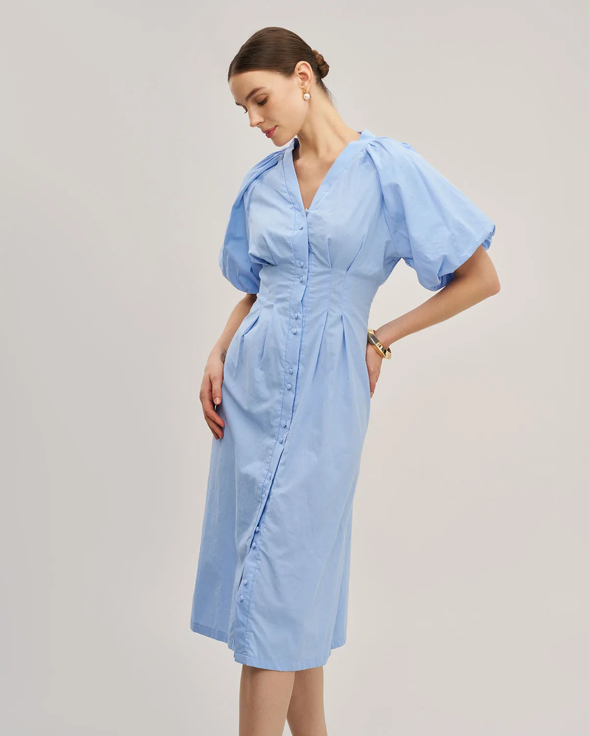 Blue Half Sleeve Button Midi Dress sold by rihoas product image thumbnail 3