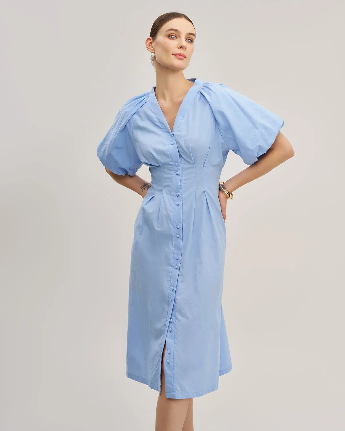 Blue Half Sleeve Button Midi Dress sold by rihoas