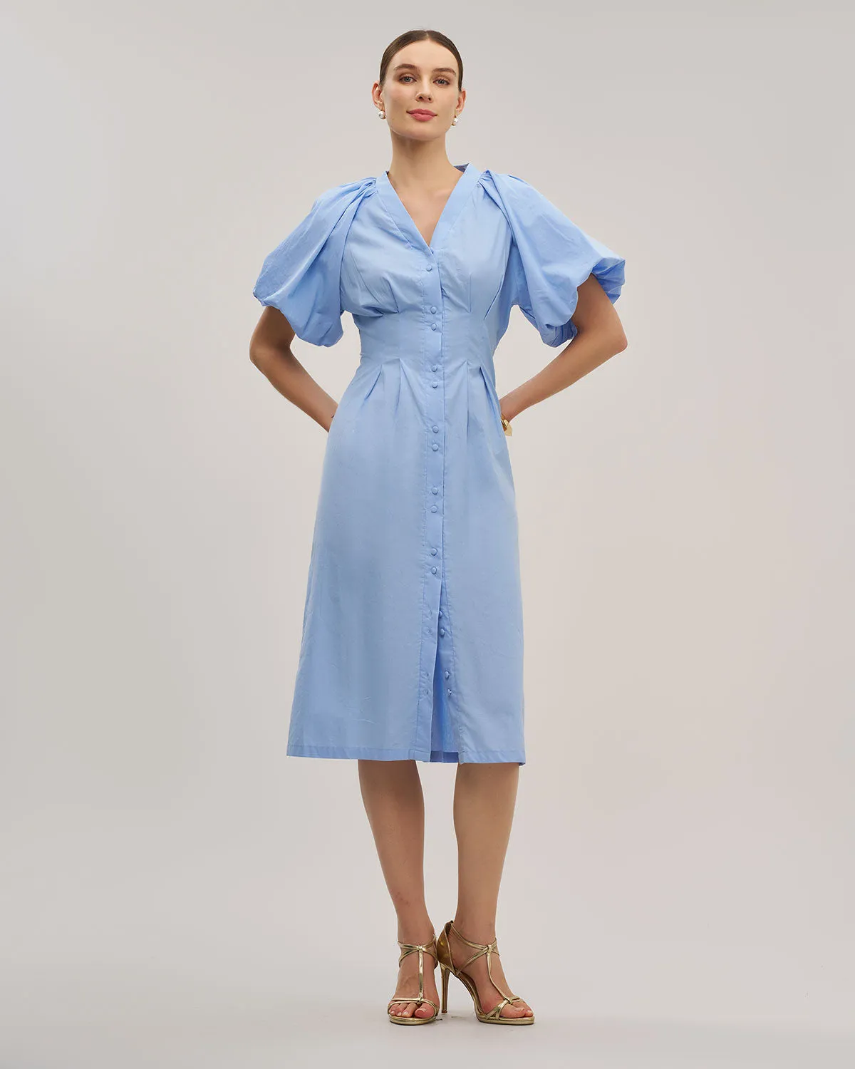 Blue Half Sleeve Button Midi Dress sold by rihoas product image thumbnail 4