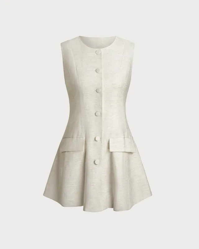 White Round Neck Button Sleeveless Mini Dress sold by rihoas
