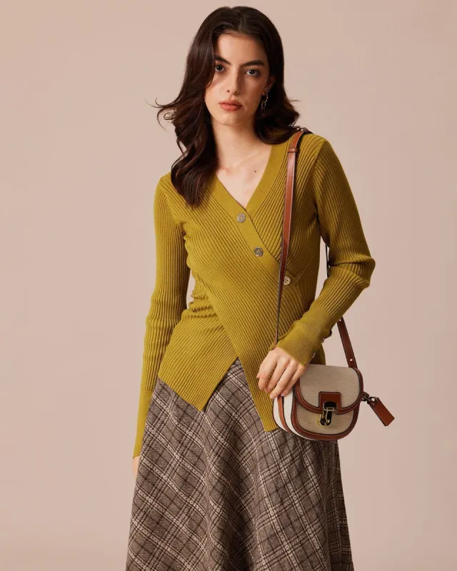The Green V Neck Ribbed Wrap Knit Top sold by rihoas