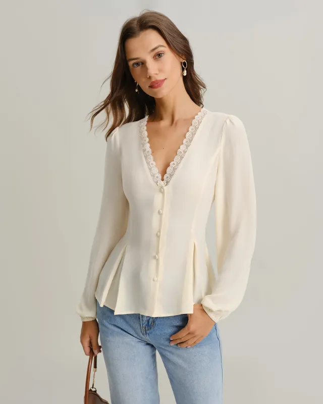 Apricot V Neck Lace Lantern Sleeve Blouse sold by rihoas