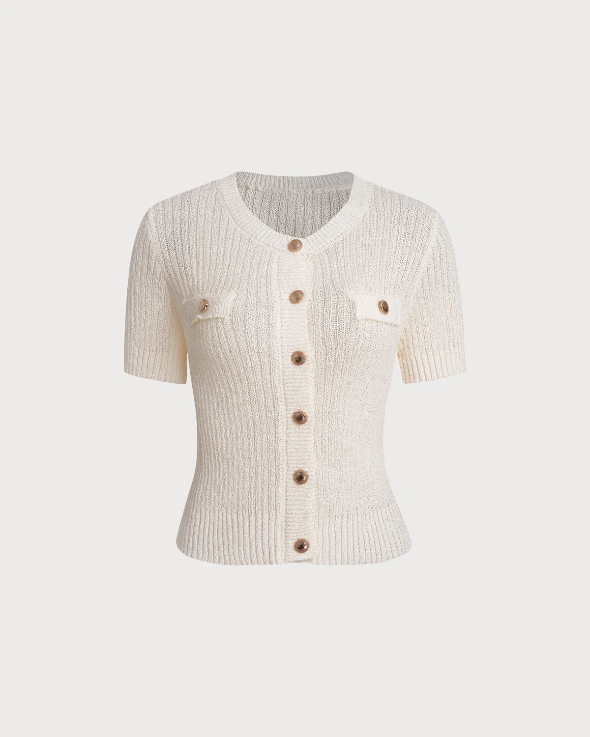 Beige Round Neck Button Tee sold by rihoas