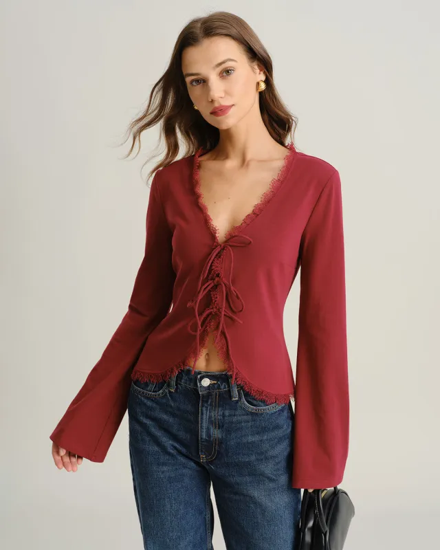 Red V Neck Tie-front Cardigan sold by rihoas