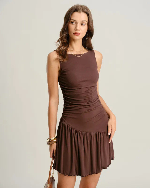 Brown Boat Neck Ruched Sleeveless Mini Dress sold by rihoas