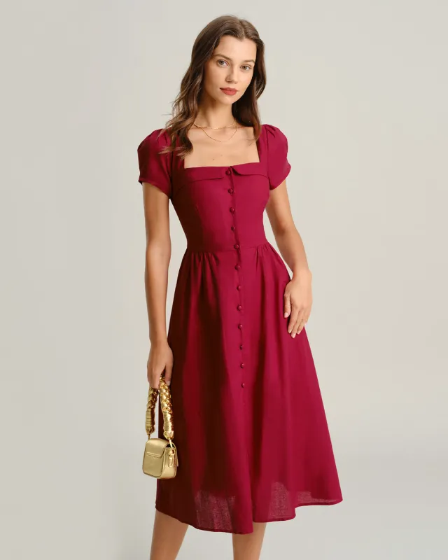 Wine Red Square Neck A-Line Midi Dress sold by rihoas