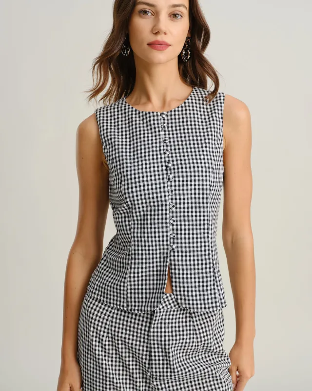 Black Plaid Button Vest sold by rihoas
