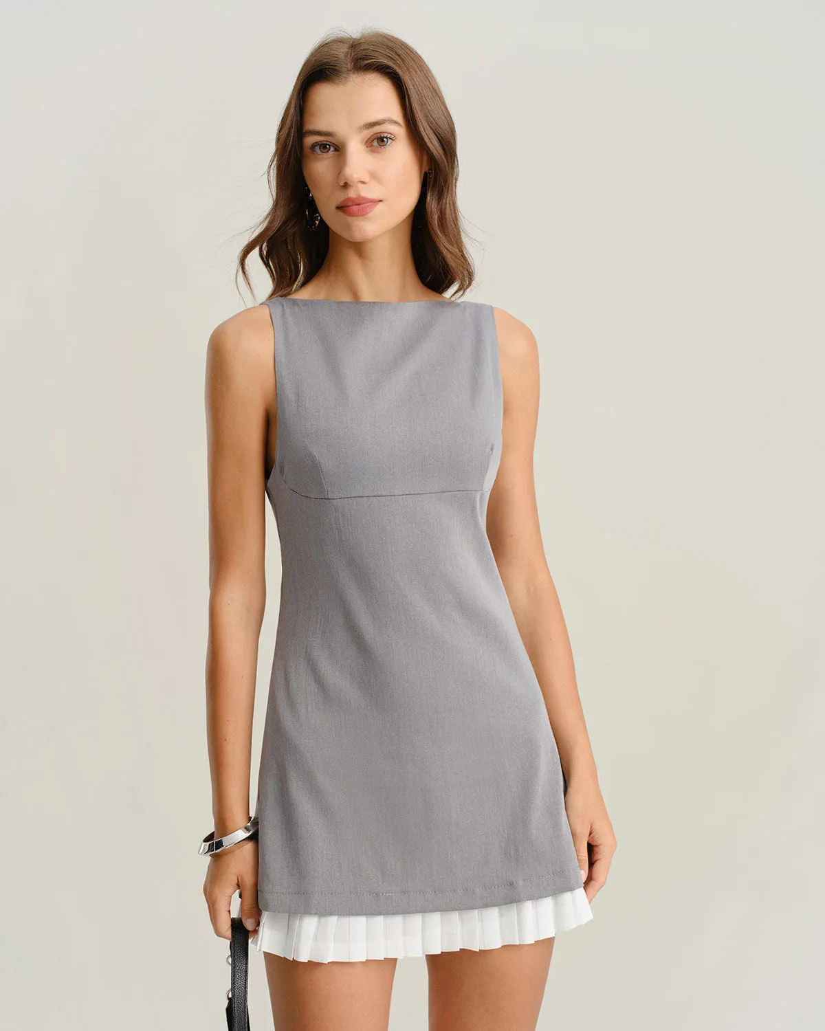 Grey Contrast Boat Neck Sleeveless Mini Dress sold by rihoas product image thumbnail 3
