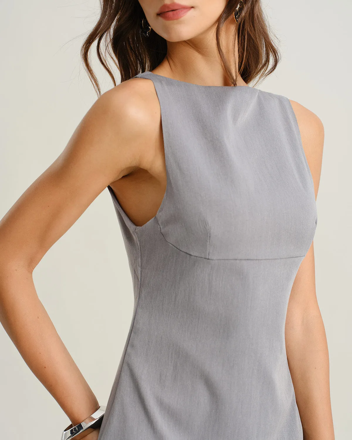 Grey Contrast Boat Neck Sleeveless Mini Dress sold by rihoas product image thumbnail 2