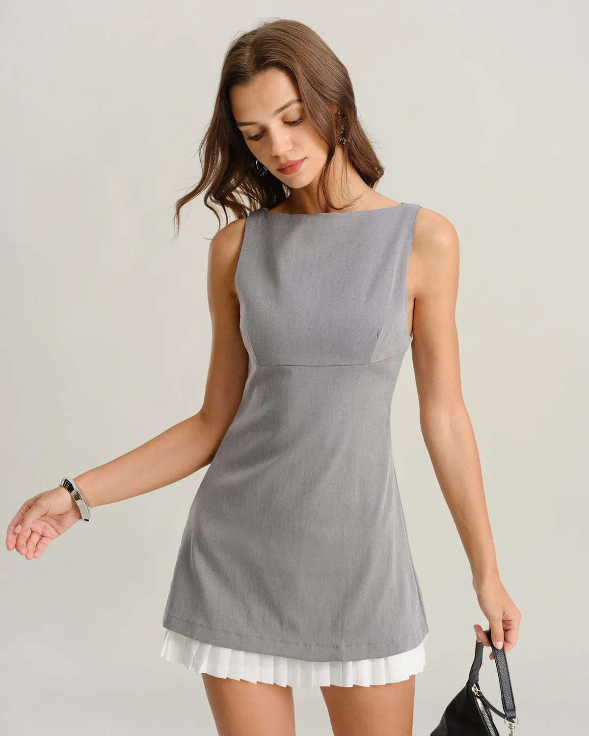 Grey Contrast Boat Neck Sleeveless Mini Dress sold by rihoas