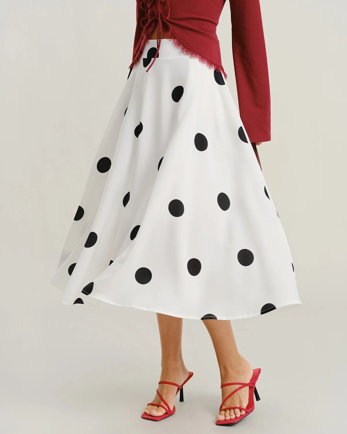 White Polka Dot Elastic Waist Midi Skirt sold by rihoas product image thumbnail 2