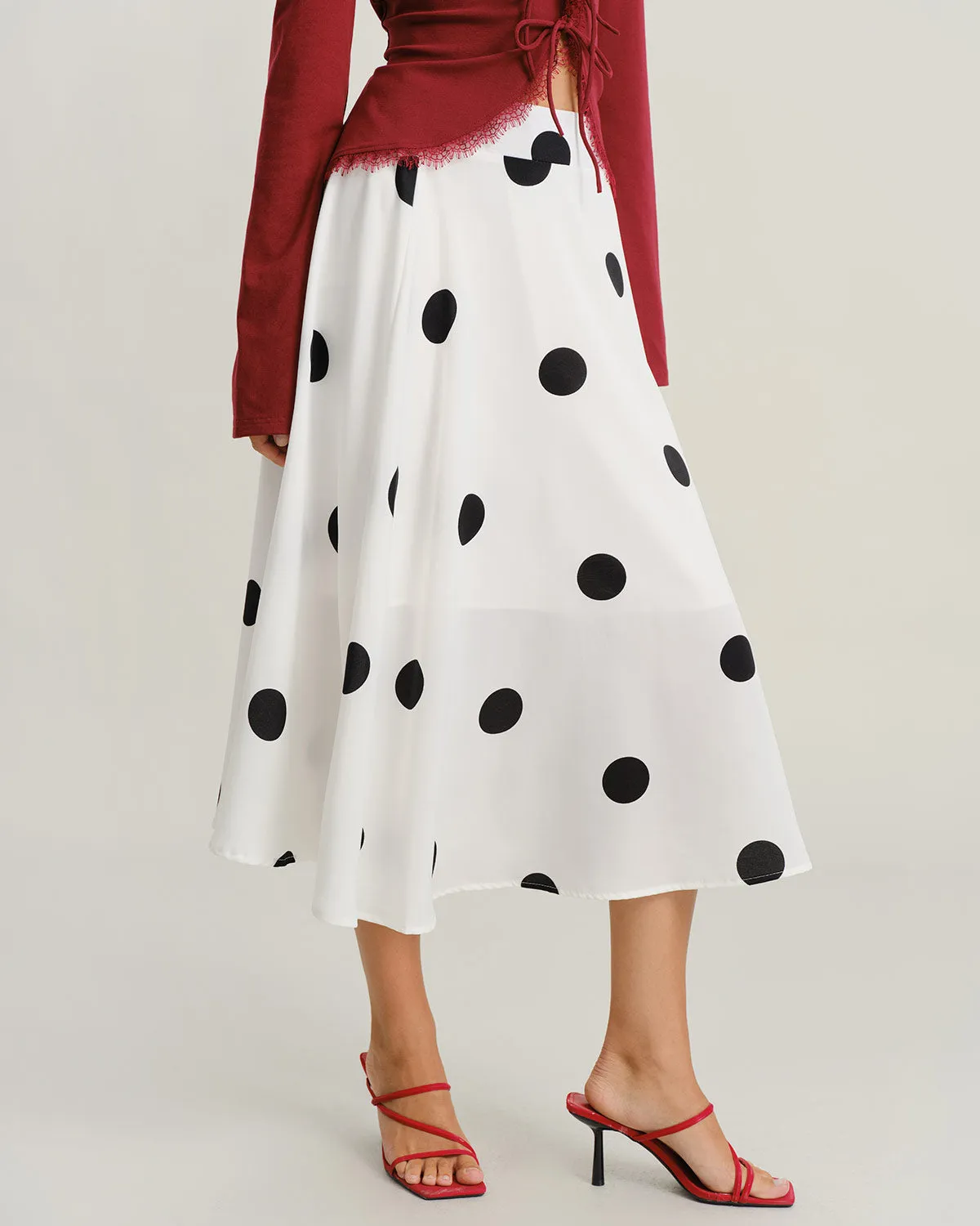White Polka Dot Elastic Waist Midi Skirt sold by rihoas product image thumbnail 3