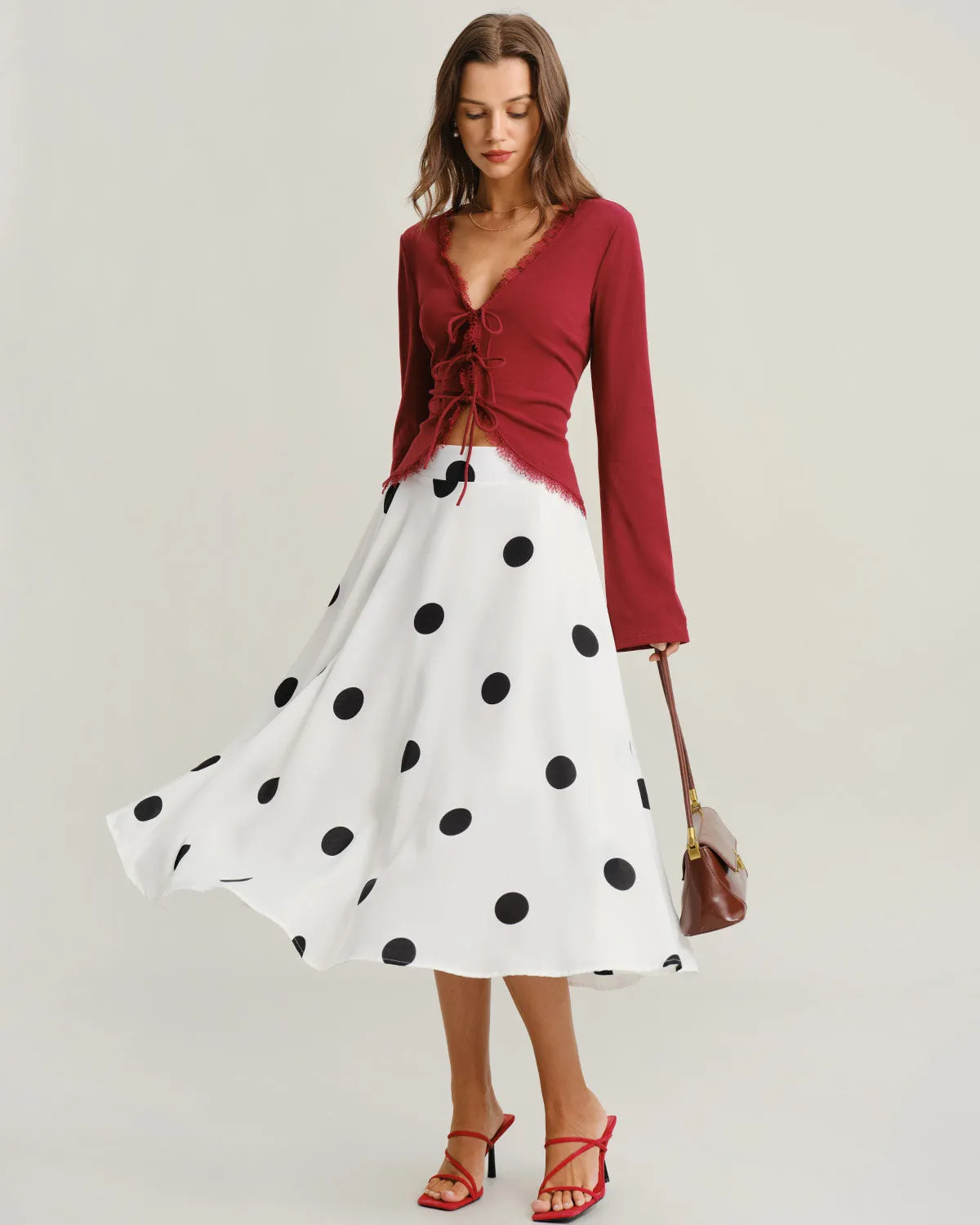 White Polka Dot Elastic Waist Midi Skirt sold by rihoas product image thumbnail 5