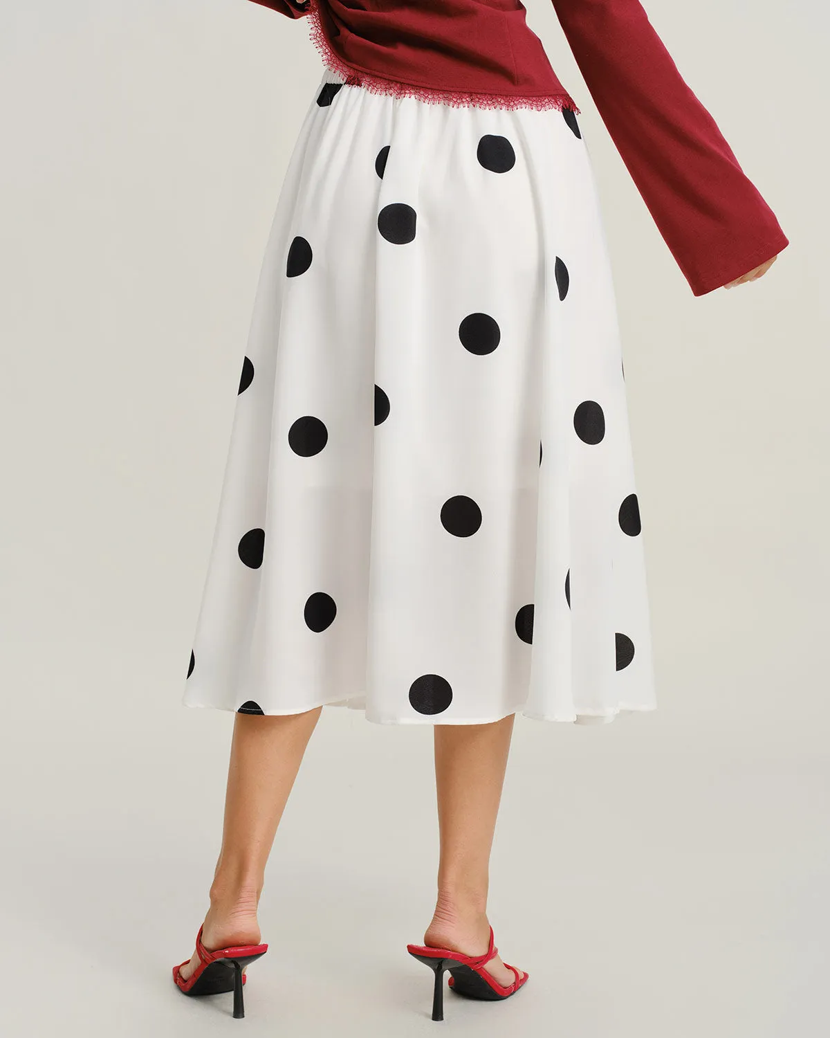 White Polka Dot Elastic Waist Midi Skirt sold by rihoas product image thumbnail 4