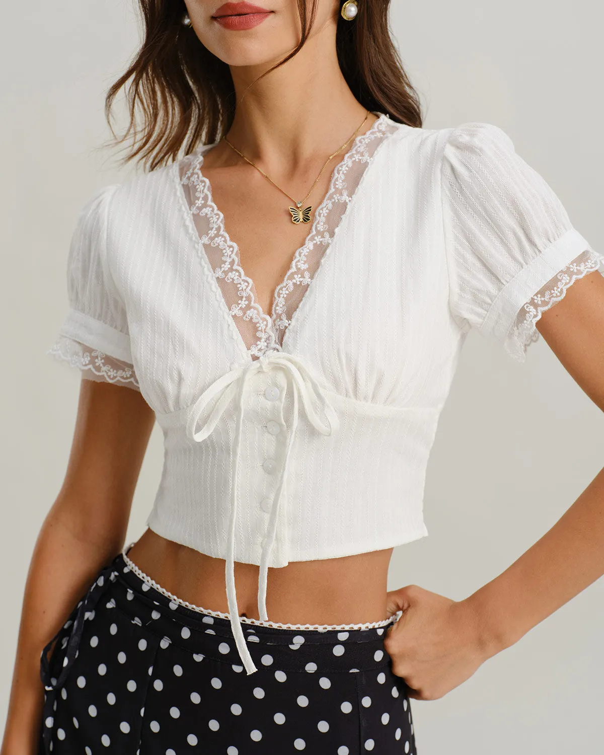 White V Neck Lace Tee sold by rihoas