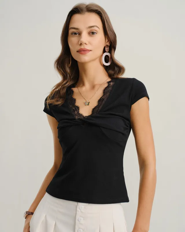Black V Neck Twist Lace Tee sold by rihoas