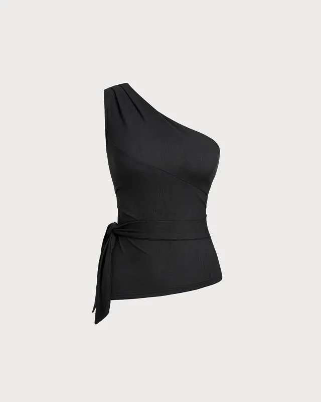 Black Knit One Shoulder Tee sold by rihoas