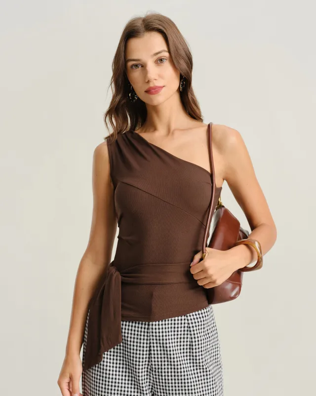 Coffee Knit One Shoulder Tee sold by rihoas