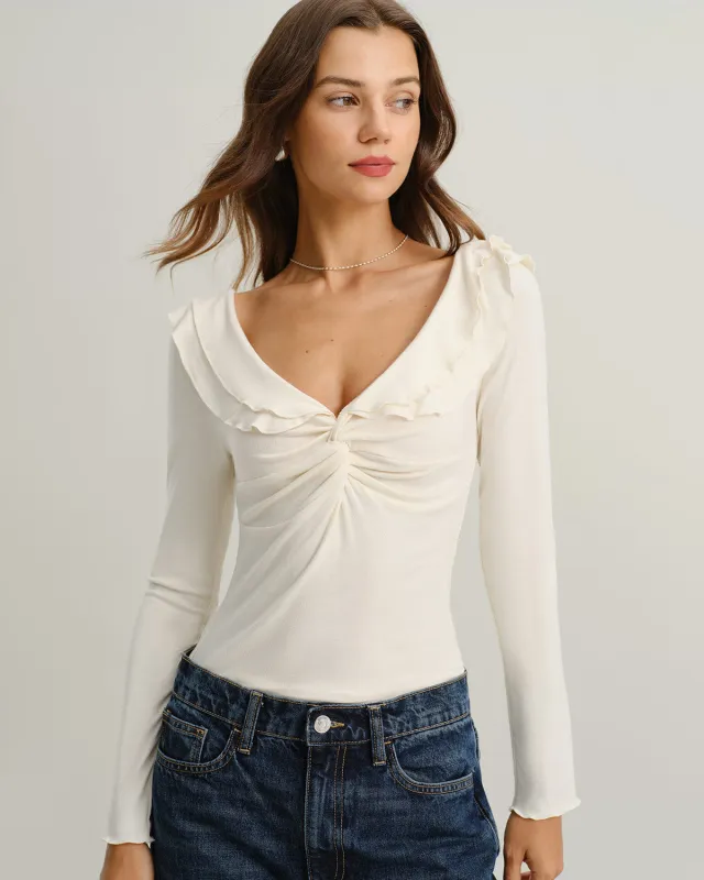 Beige V Neck Ruffle Twist Tee sold by rihoas