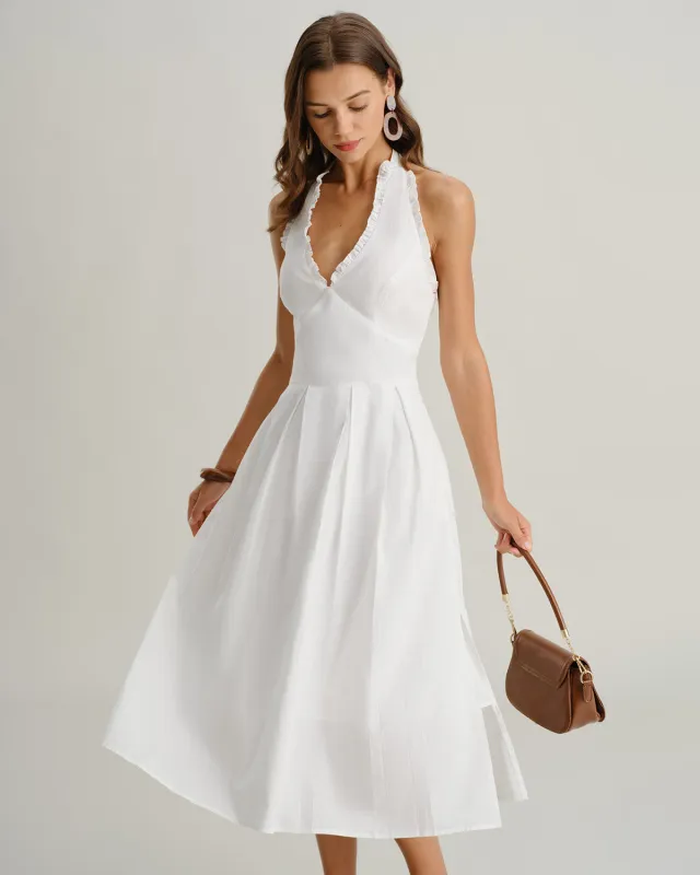 White V Neck Halter Sleeveless Midi Dress sold by rihoas